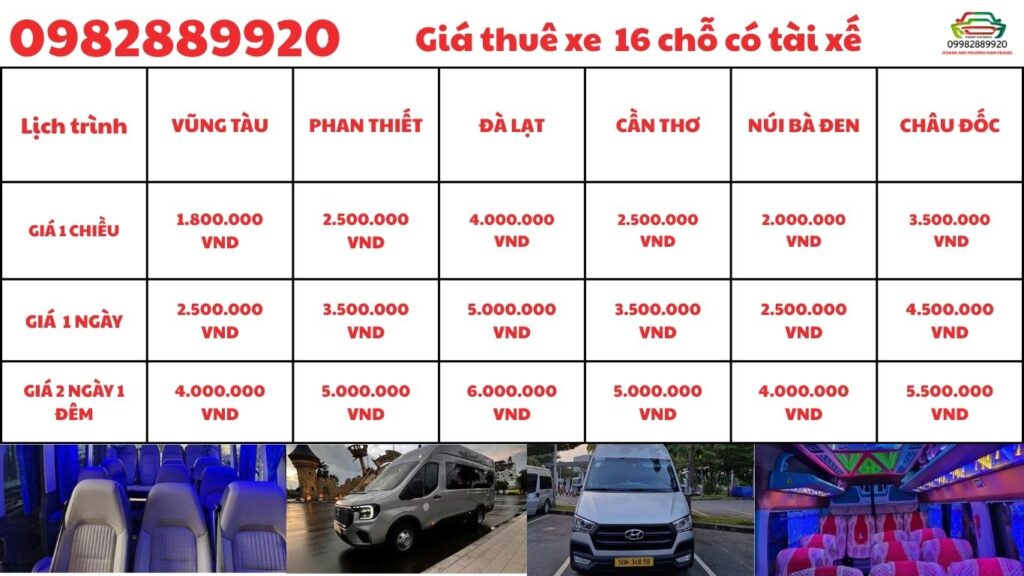 Bảng giá thuê xe 16 chỗ có tài xế TpHCM